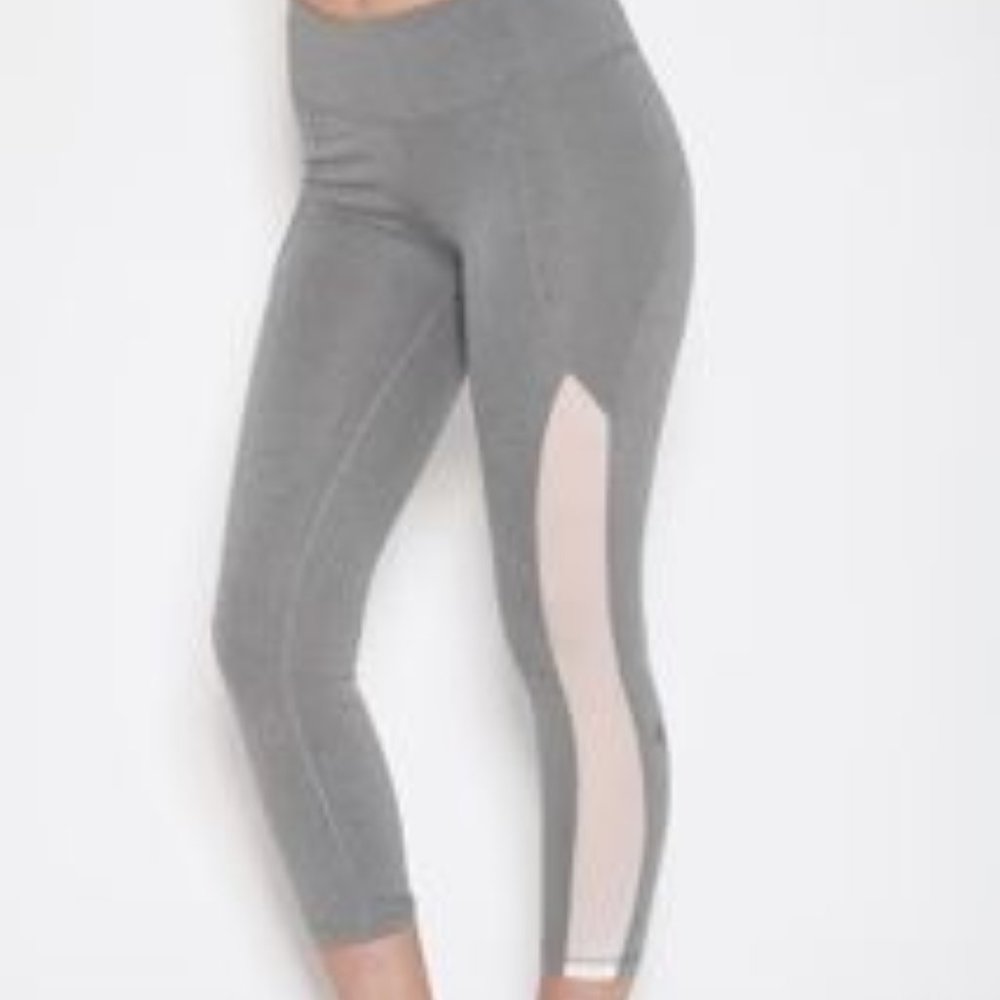 Satva Gray with Ivory Mesh Leg Insert Leggings Yoga Athletic Pants - XS